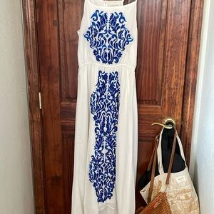 Sabine white dress with blue and silver embroidery